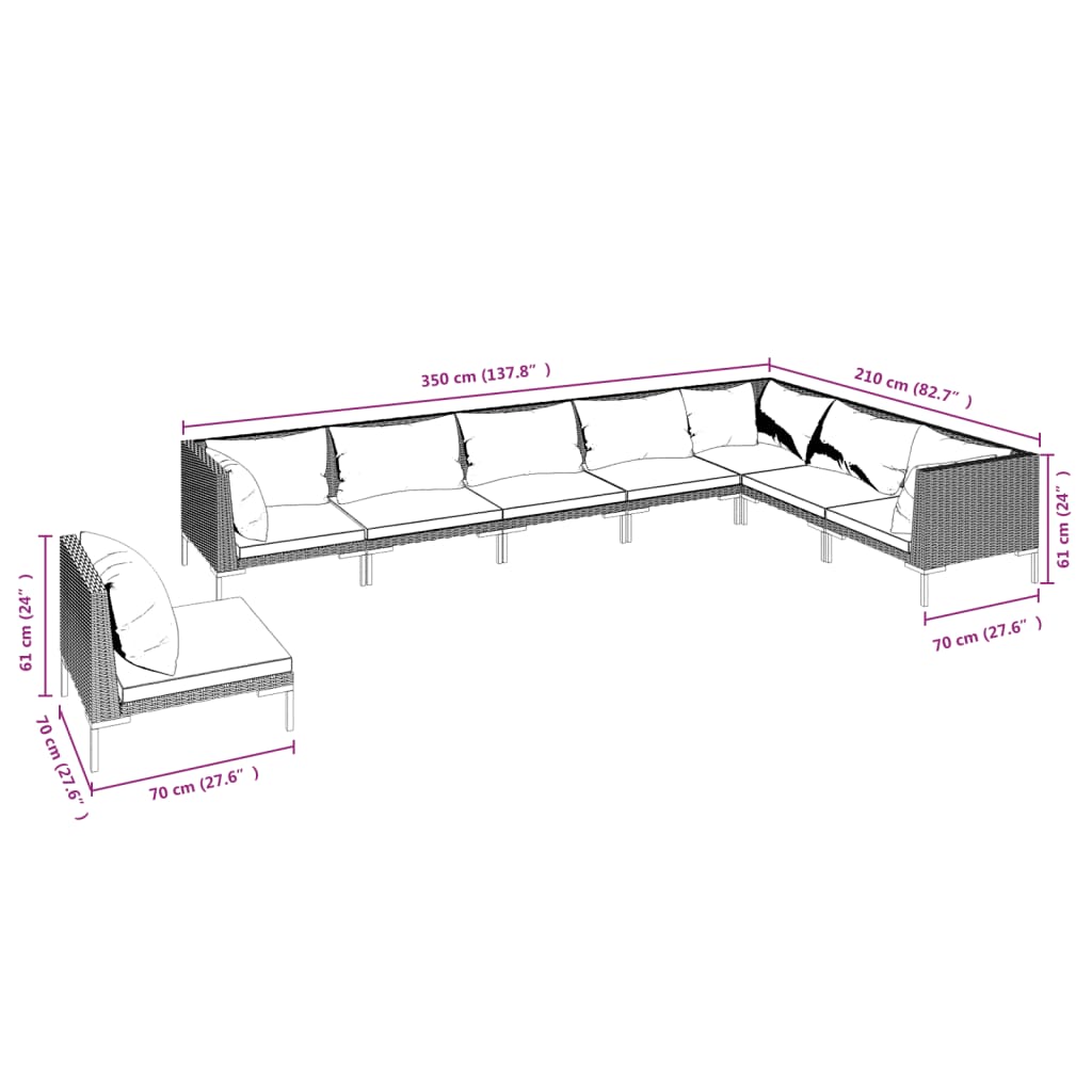 9-delige Loungeset met kussens poly rattan donkergrijs