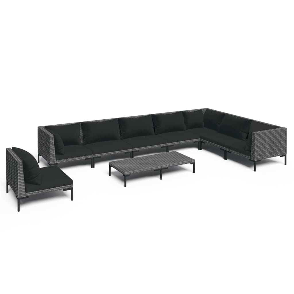 9-delige Loungeset met kussens poly rattan donkergrijs