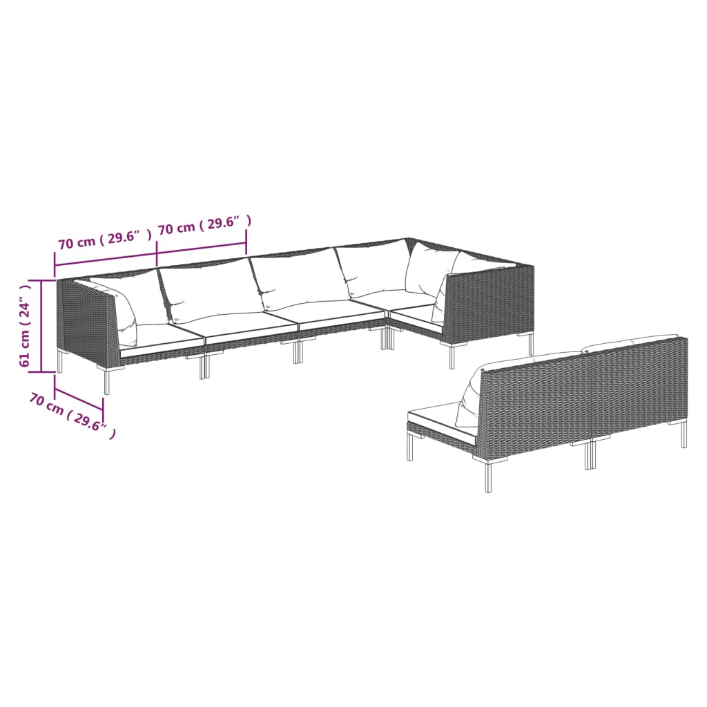 8-delige Loungeset met kussens poly rattan donkergrijs