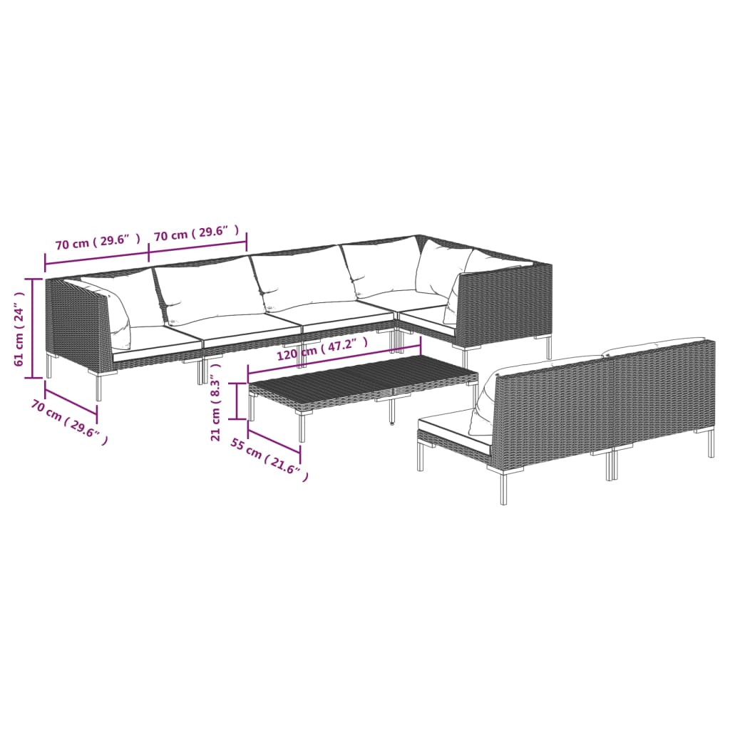 8-delige Loungeset met kussens poly rattan donkergrijs