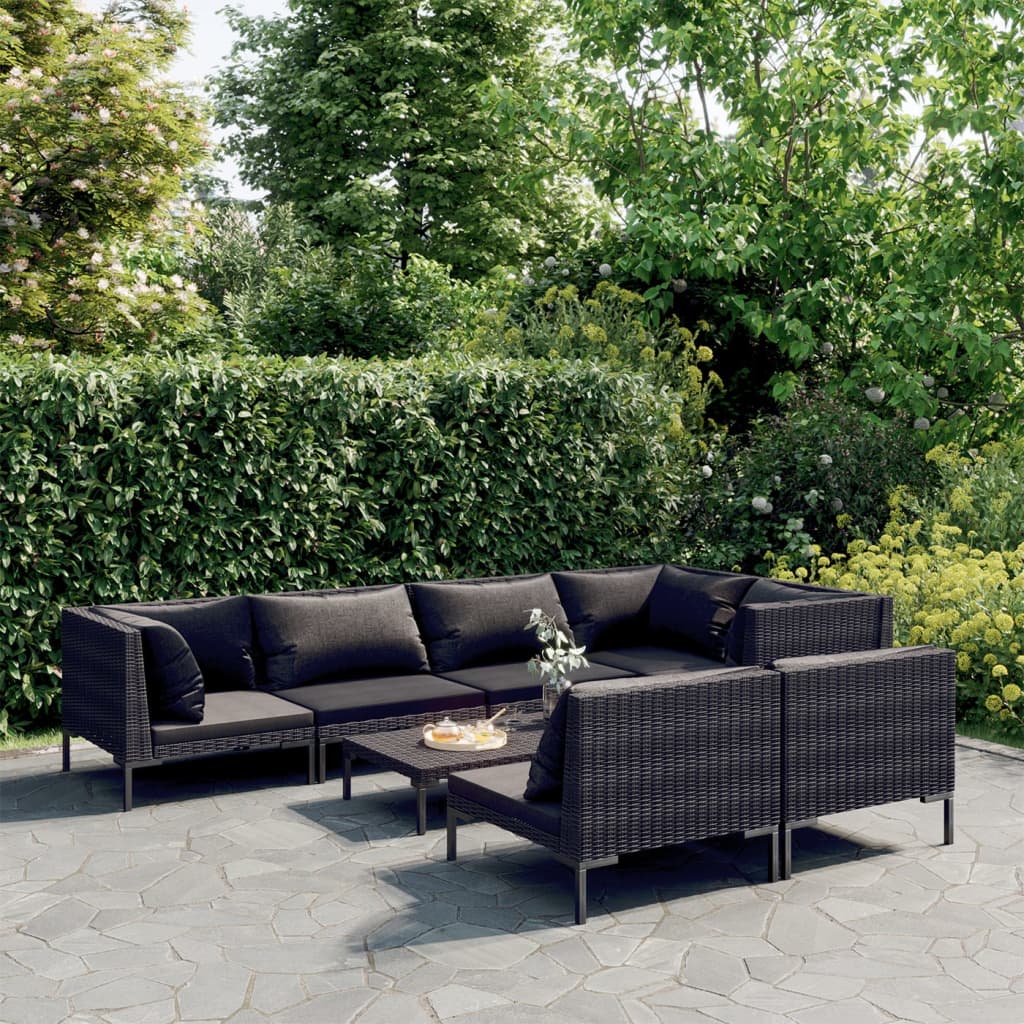 8-delige Loungeset met kussens poly rattan donkergrijs