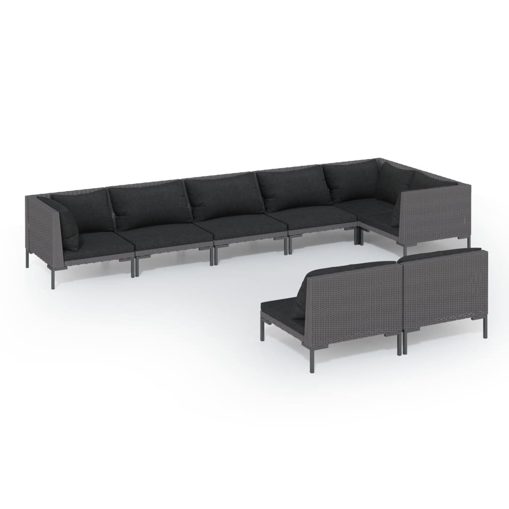 8-delige Loungeset met kussens poly rattan donkergrijs