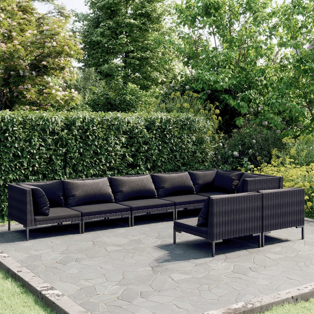 8-delige Loungeset met kussens poly rattan donkergrijs