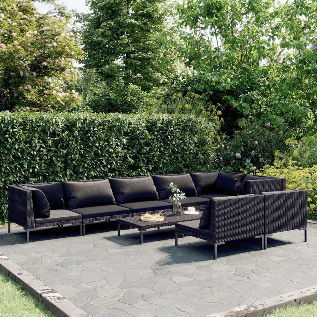 8-delige Loungeset met kussens poly rattan donkergrijs