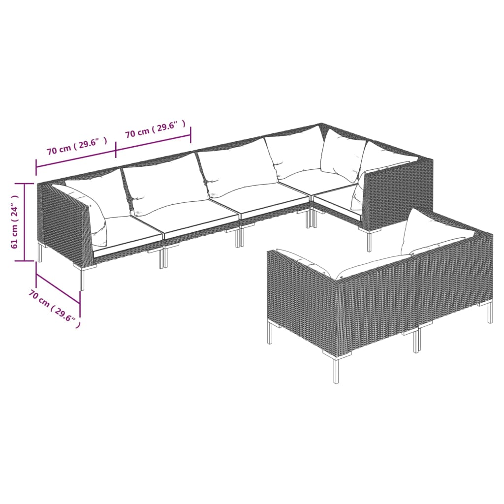 8-delige Loungeset met kussens poly rattan donkergrijs