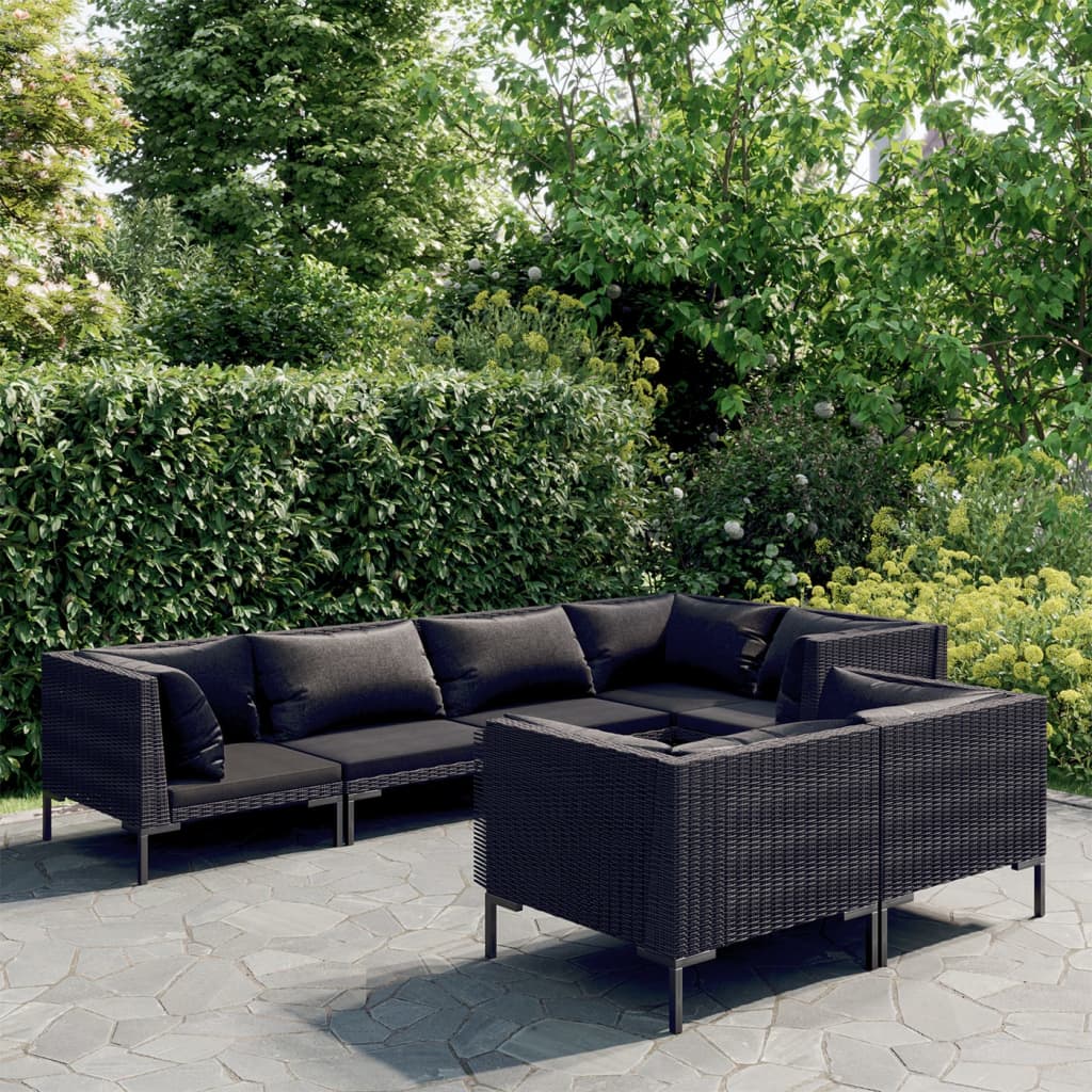 8-delige Loungeset met kussens poly rattan donkergrijs