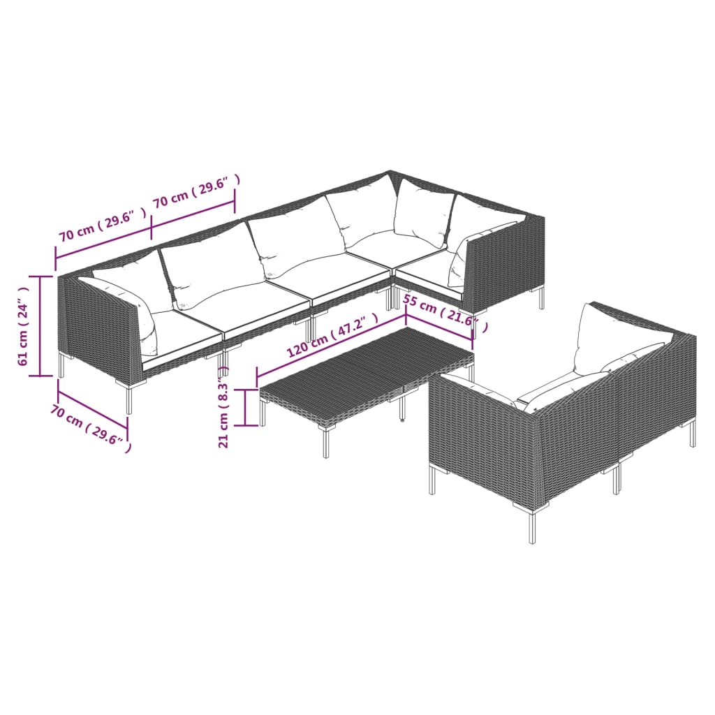 8-delige Loungeset met kussens poly rattan donkergrijs