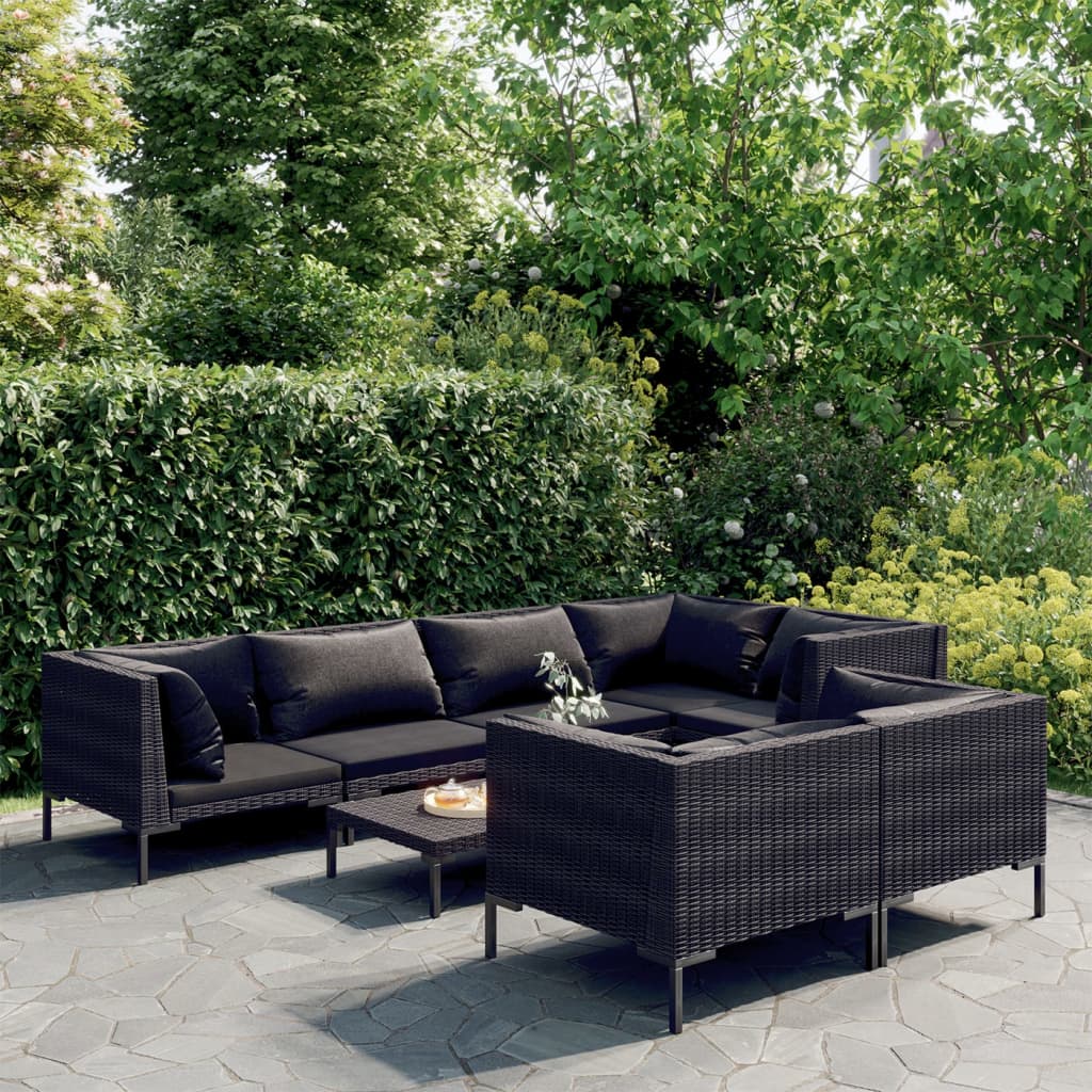 8-delige Loungeset met kussens poly rattan donkergrijs