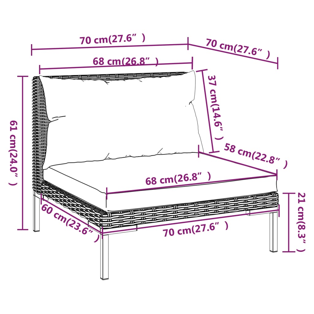 8-delige Loungeset met kussens poly rattan donkergrijs