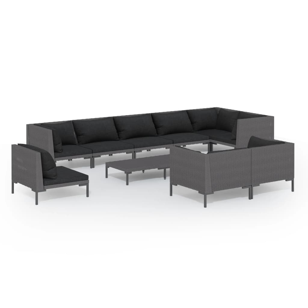 11-delige Loungeset met kussens poly rattan donkergrijs