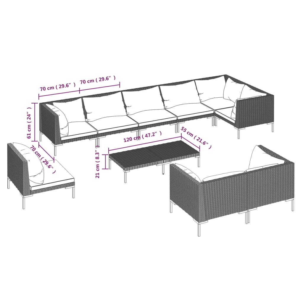 11-delige Loungeset met kussens poly rattan donkergrijs