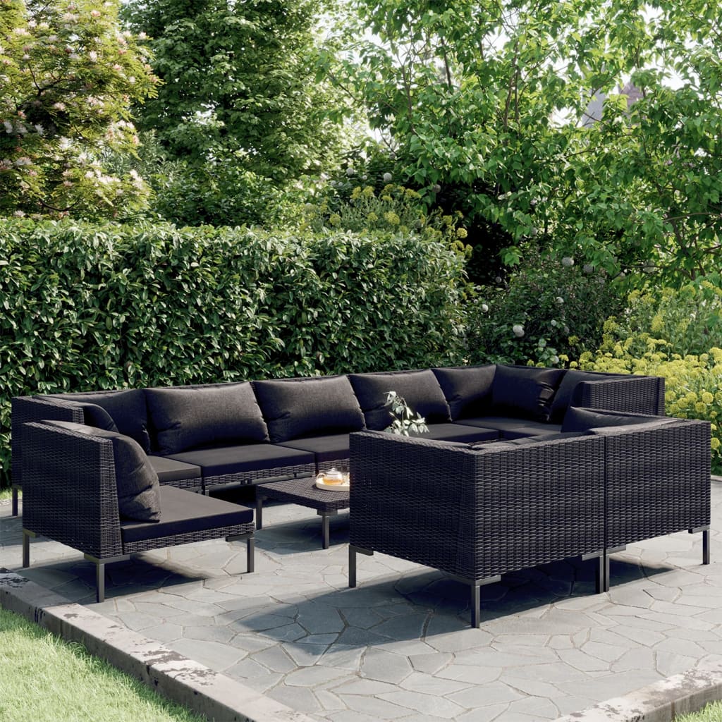 11-delige Loungeset met kussens poly rattan donkergrijs