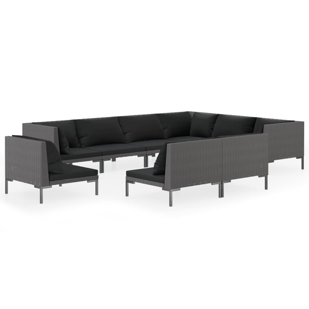 11-delige Loungeset met kussens poly rattan donkergrijs