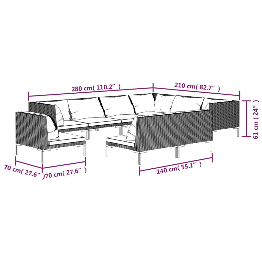 12-delige Loungeset met kussens poly rattan donkergrijs