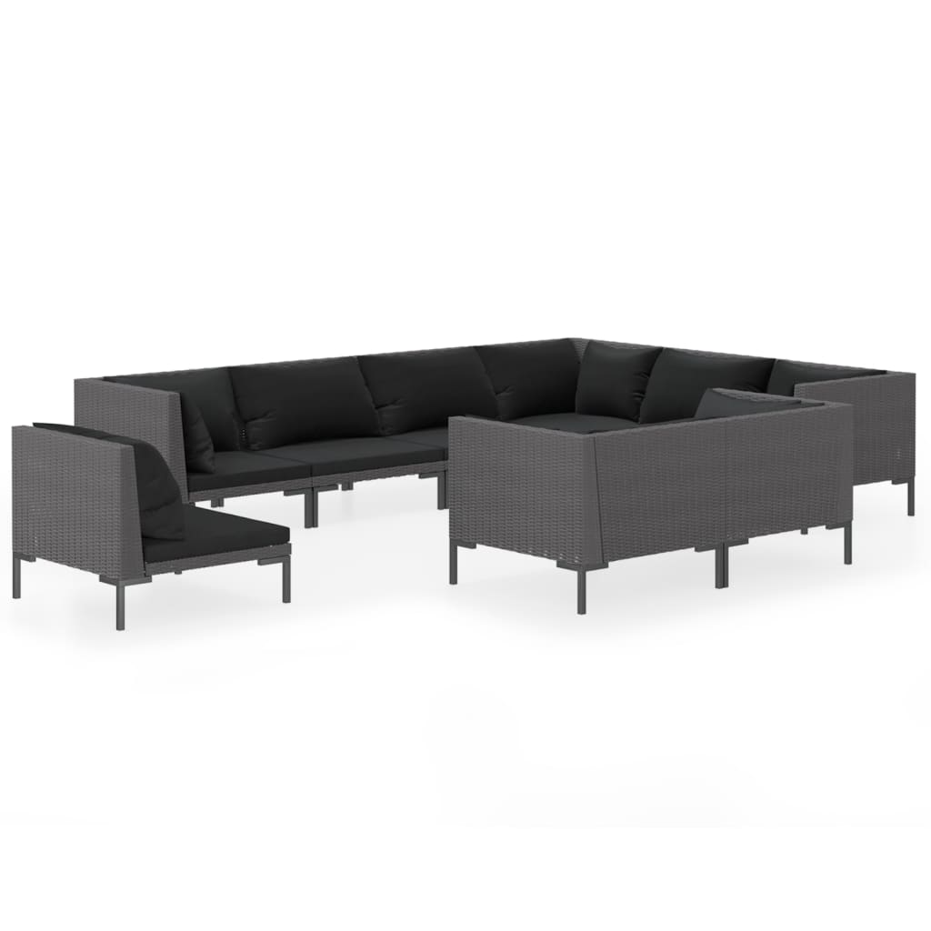 11-delige Loungeset met kussens poly rattan donkergrijs