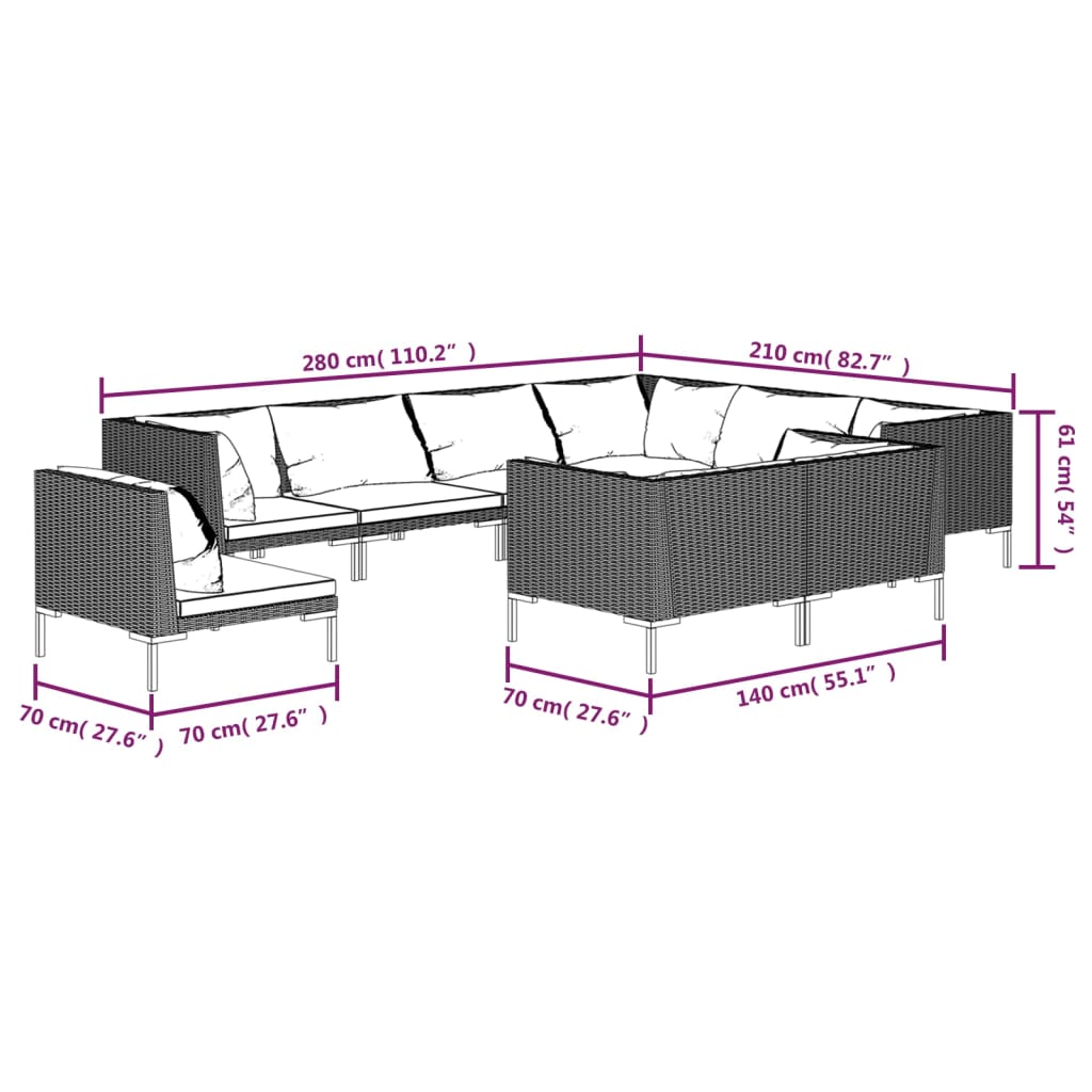 12-delige Loungeset met kussens poly rattan donkergrijs