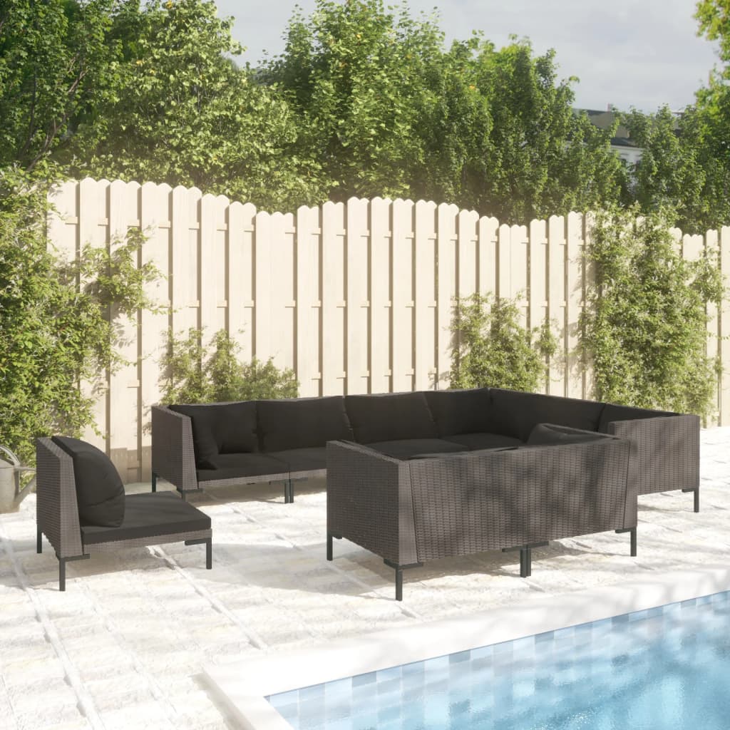 12-delige Loungeset met kussens poly rattan donkergrijs