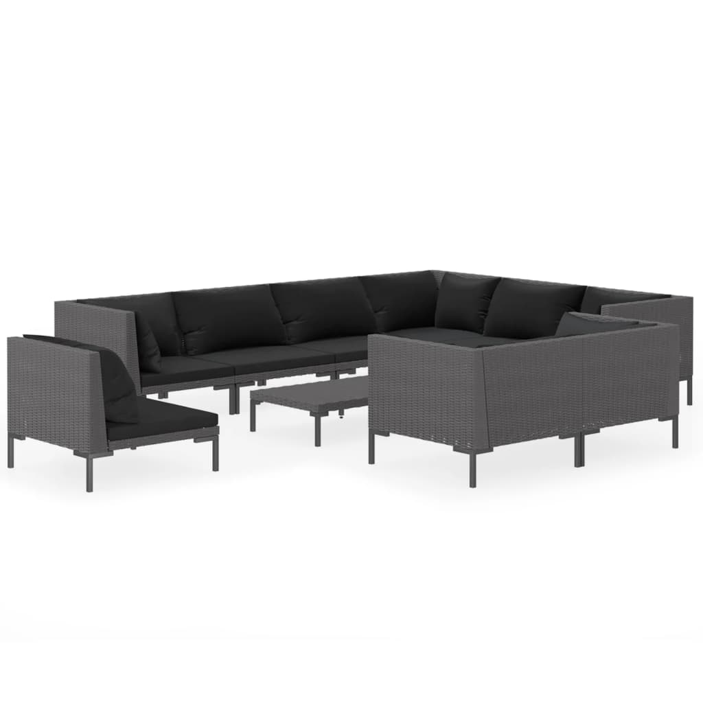 11-delige Loungeset met kussens poly rattan donkergrijs