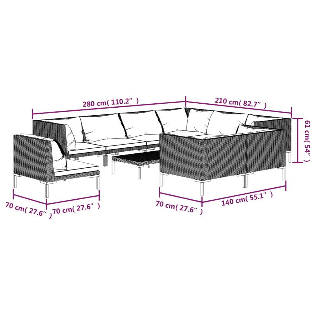 11-delige Loungeset met kussens poly rattan donkergrijs