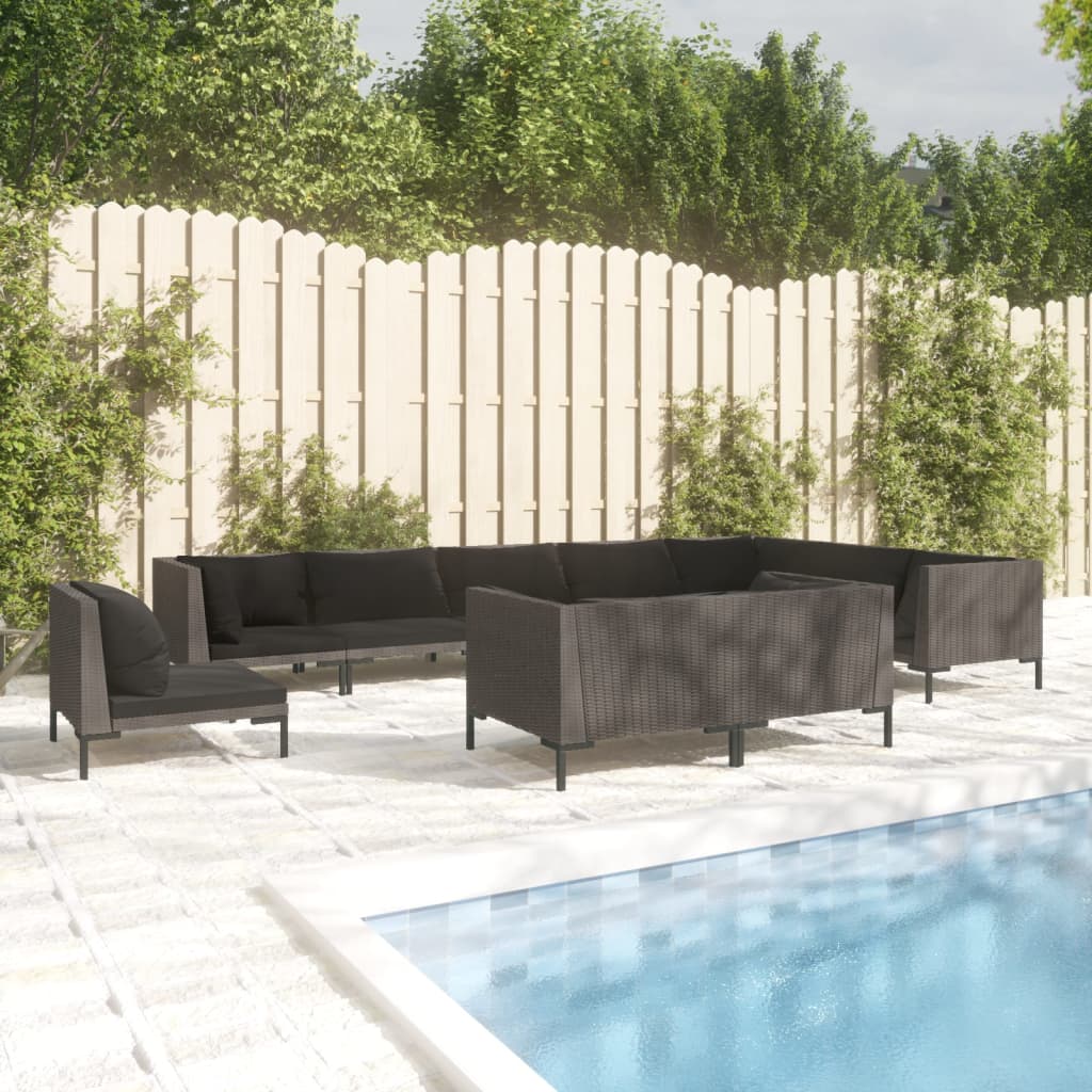 12-delige Loungeset met kussens poly rattan donkergrijs