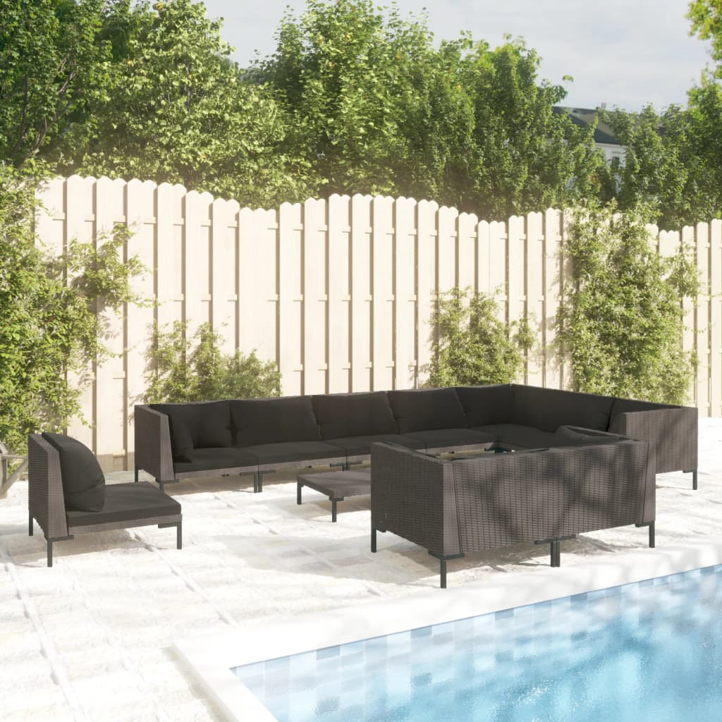 12-delige Loungeset met kussens poly rattan donkergrijs