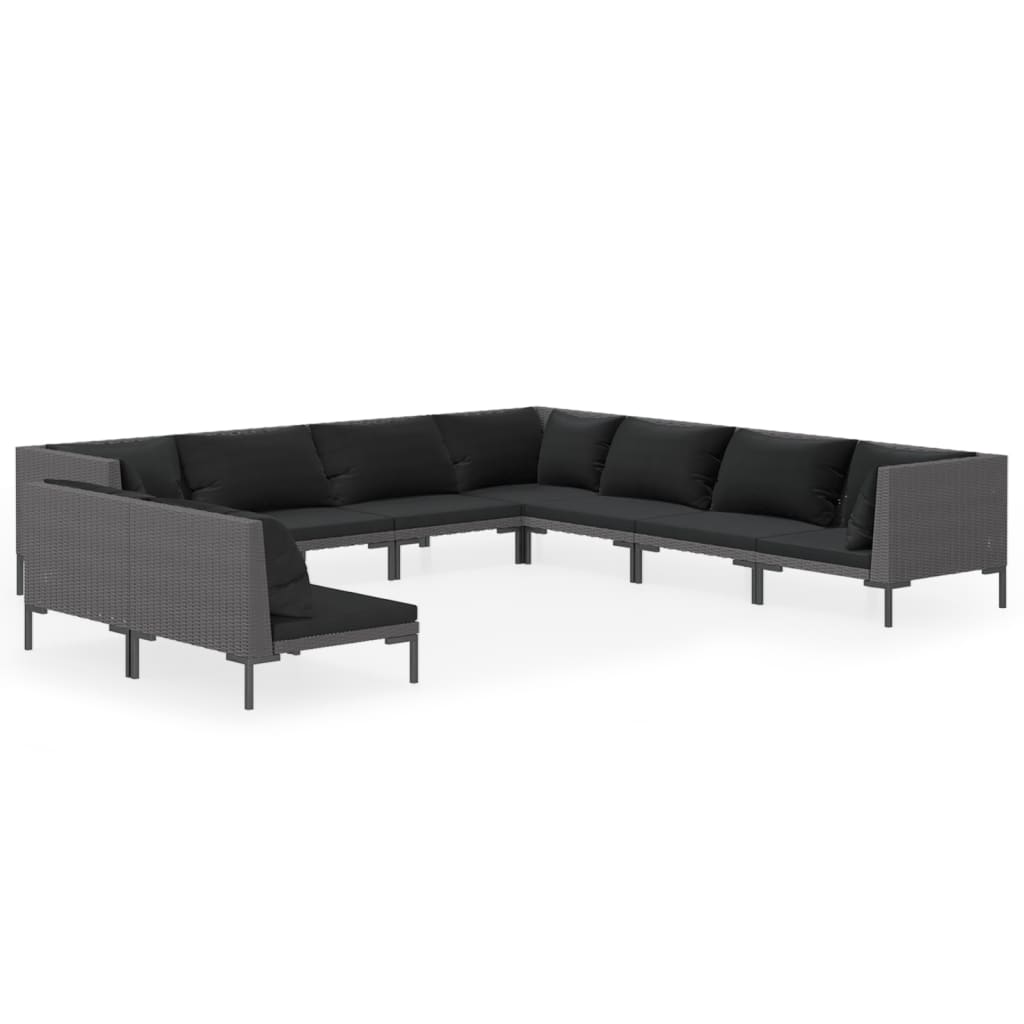 11-delige Loungeset met kussens poly rattan donkergrijs