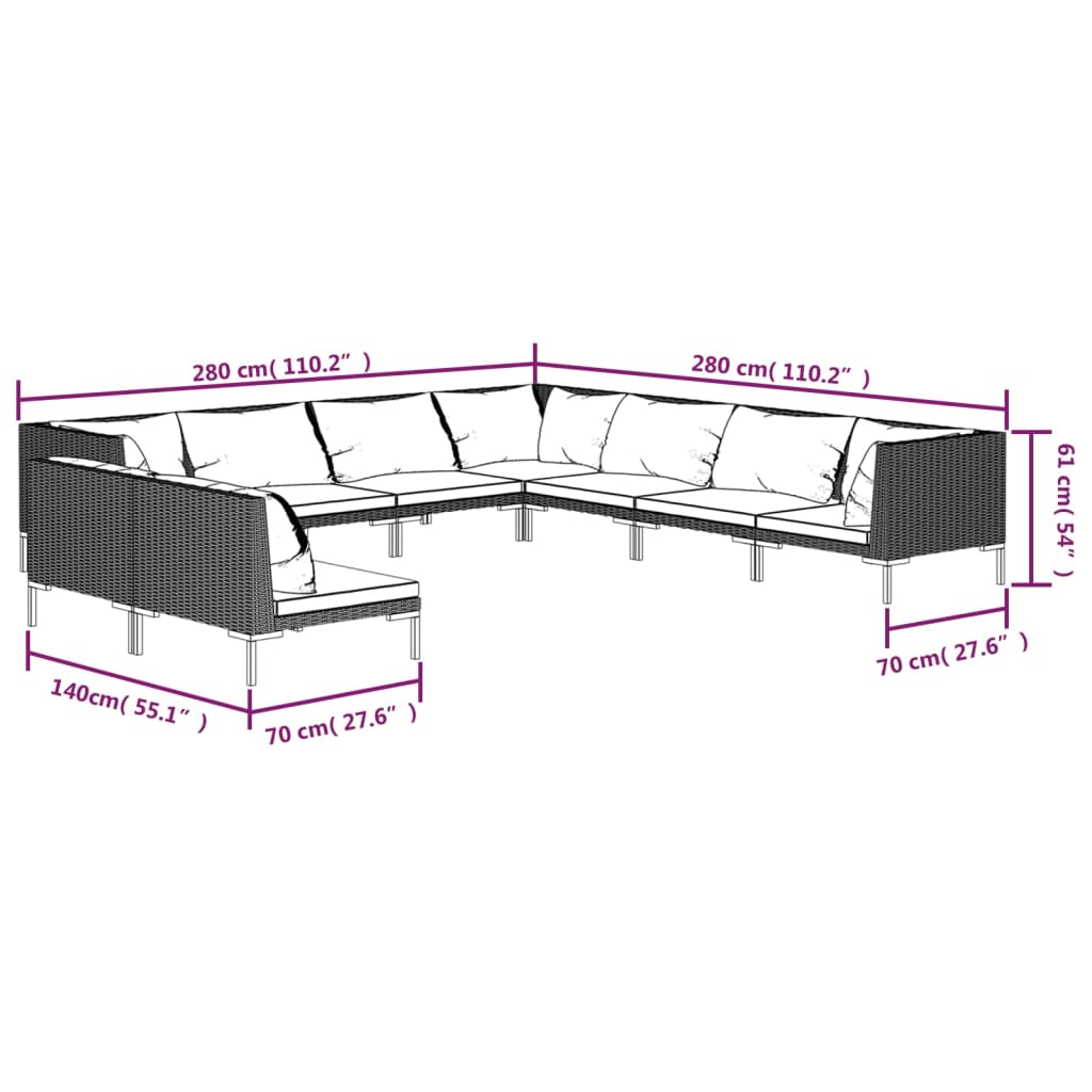 11-delige Loungeset met kussens poly rattan donkergrijs