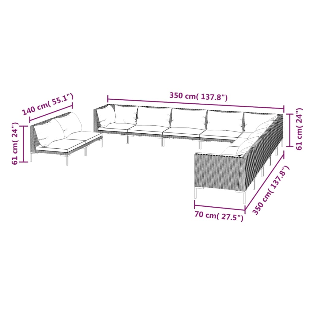 11-delige Loungeset met kussens poly rattan donkergrijs