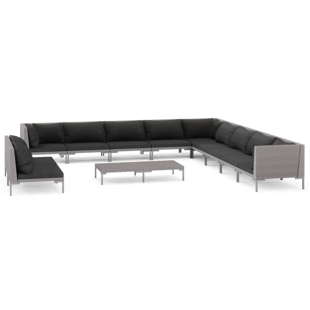 12-delige Loungeset met kussens poly rattan donkergrijs