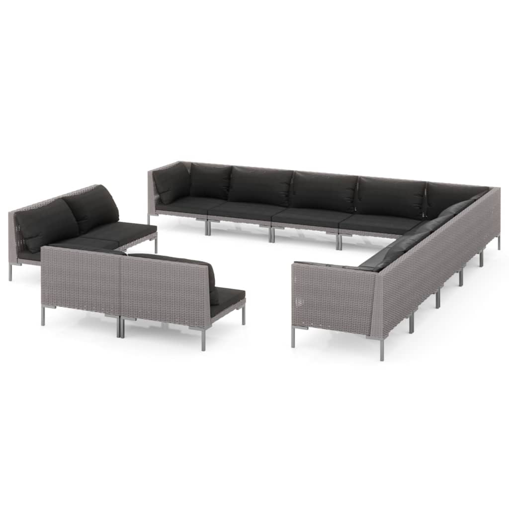 11-delige Loungeset met kussens poly rattan donkergrijs