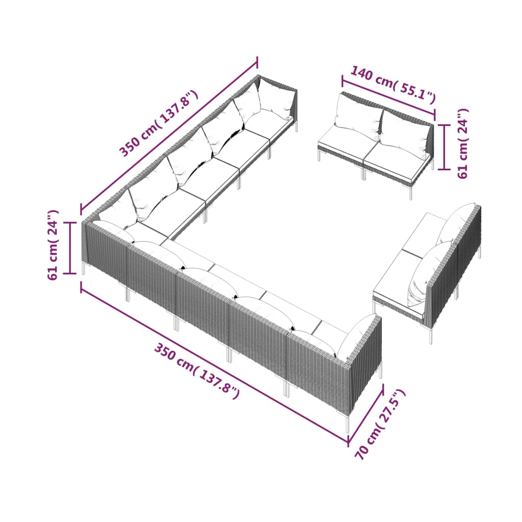 11-delige Loungeset met kussens poly rattan donkergrijs