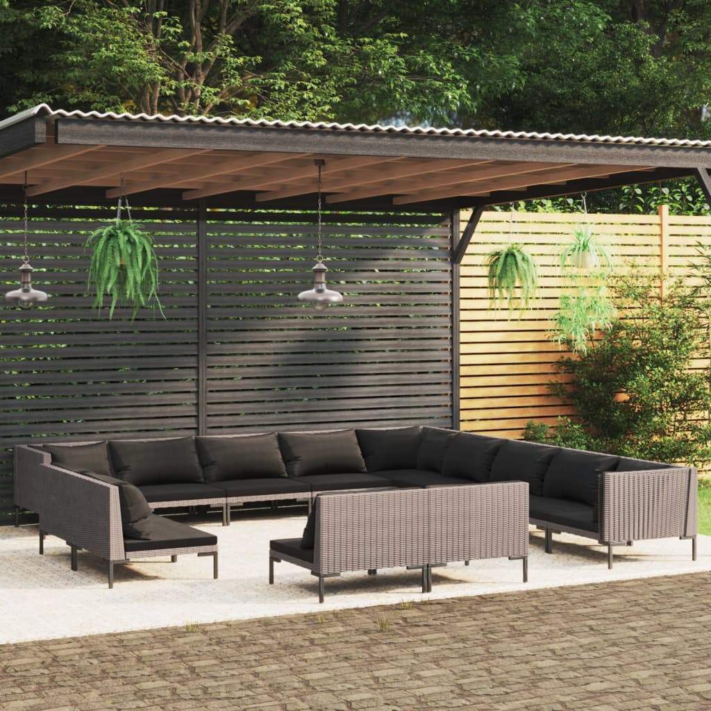 11-delige Loungeset met kussens poly rattan donkergrijs