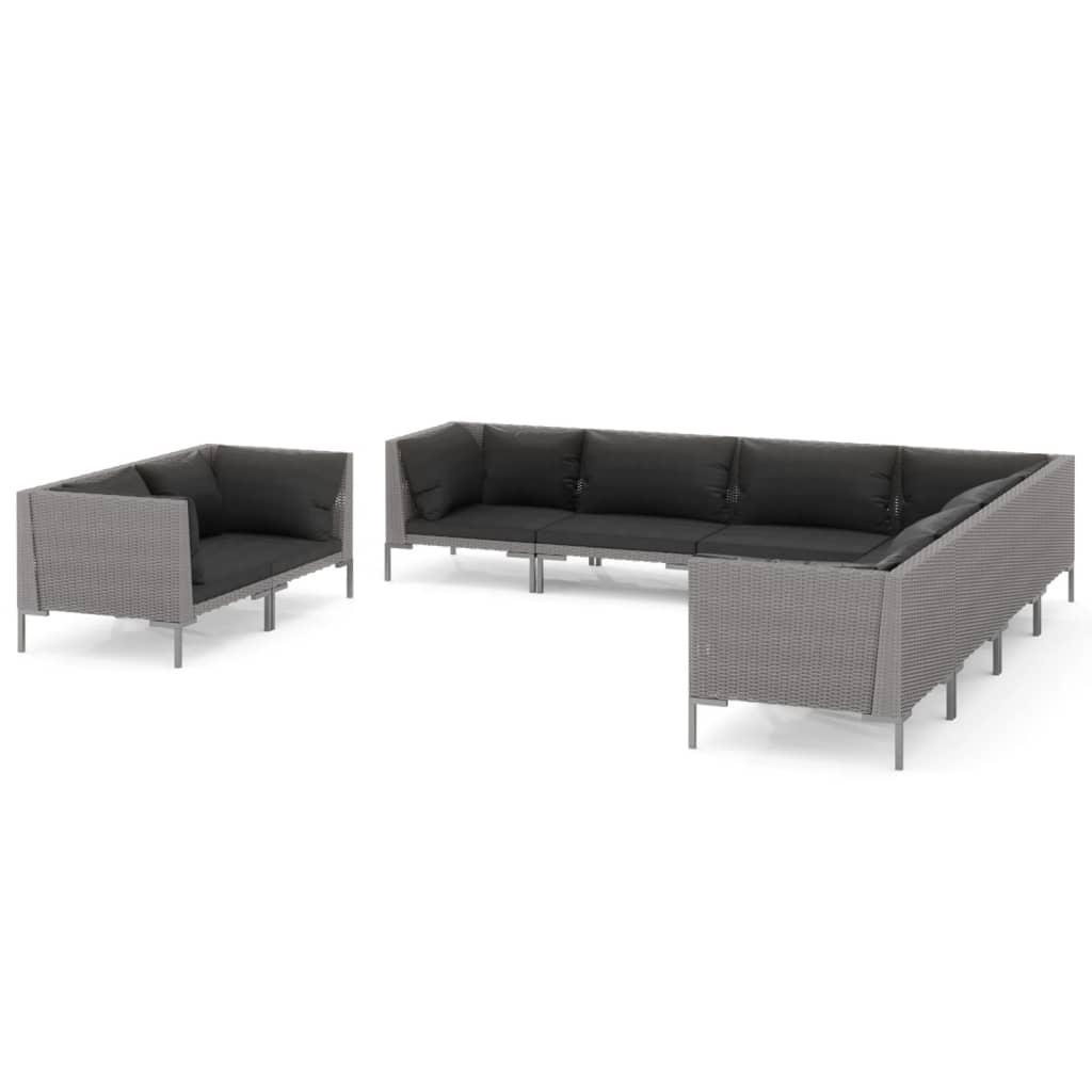 11-delige Loungeset met kussens poly rattan donkergrijs