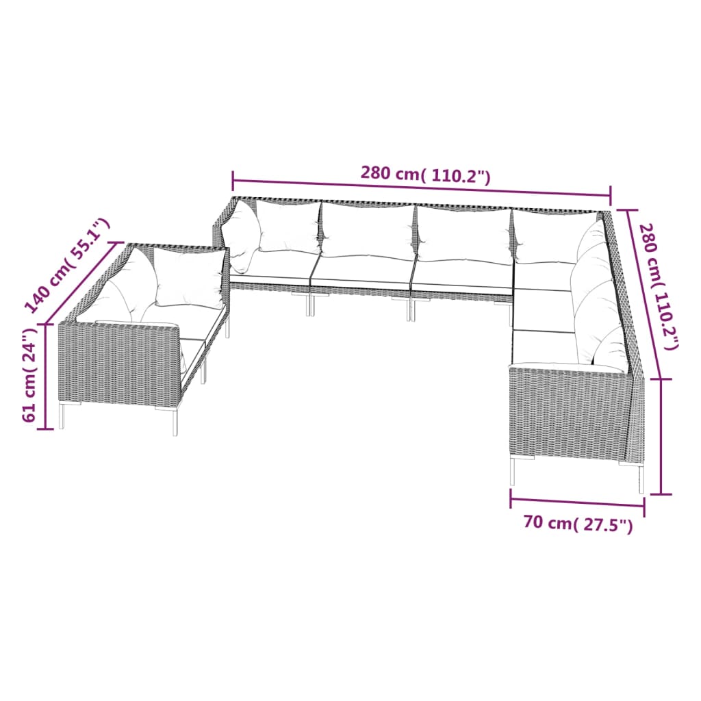 11-delige Loungeset met kussens poly rattan donkergrijs