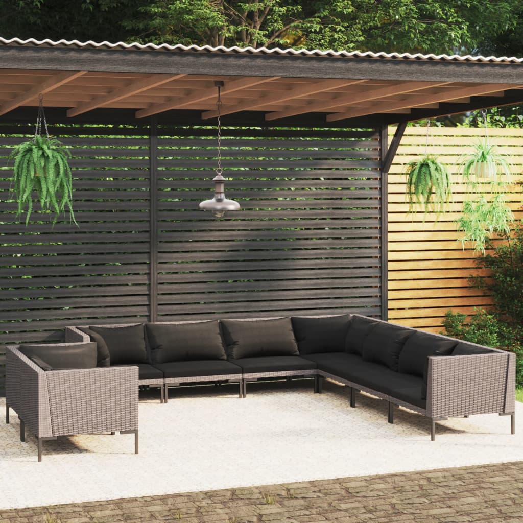 11-delige Loungeset met kussens poly rattan donkergrijs