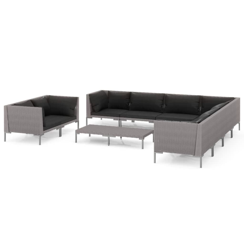 11-delige Loungeset met kussens poly rattan donkergrijs