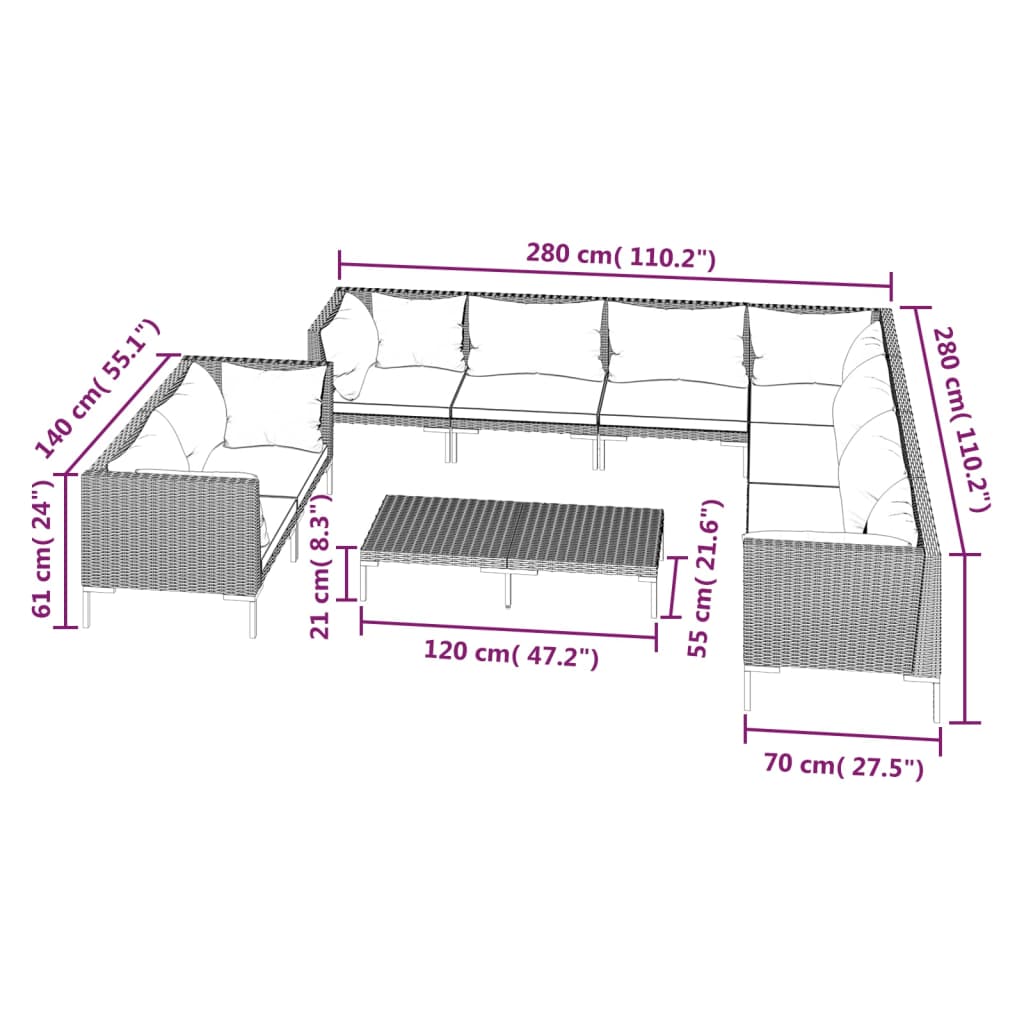 11-delige Loungeset met kussens poly rattan donkergrijs