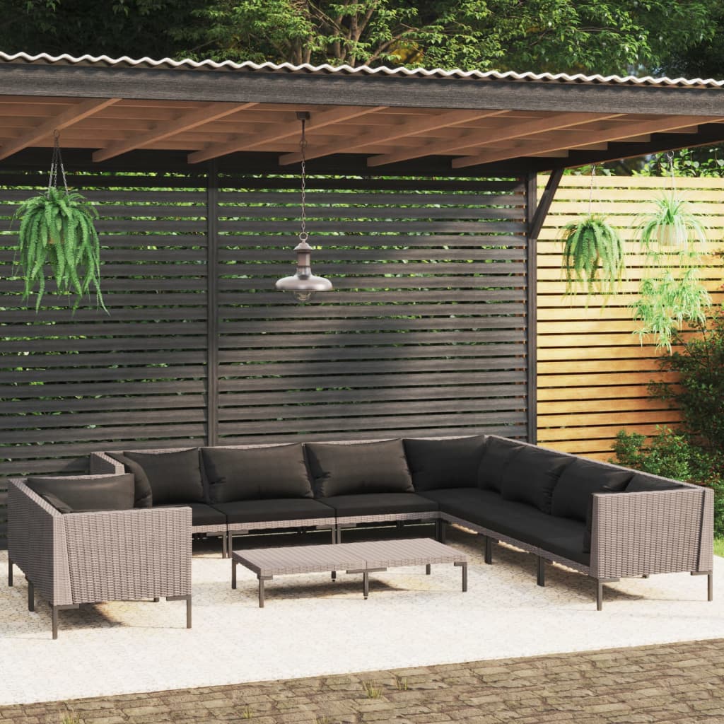 11-delige Loungeset met kussens poly rattan donkergrijs