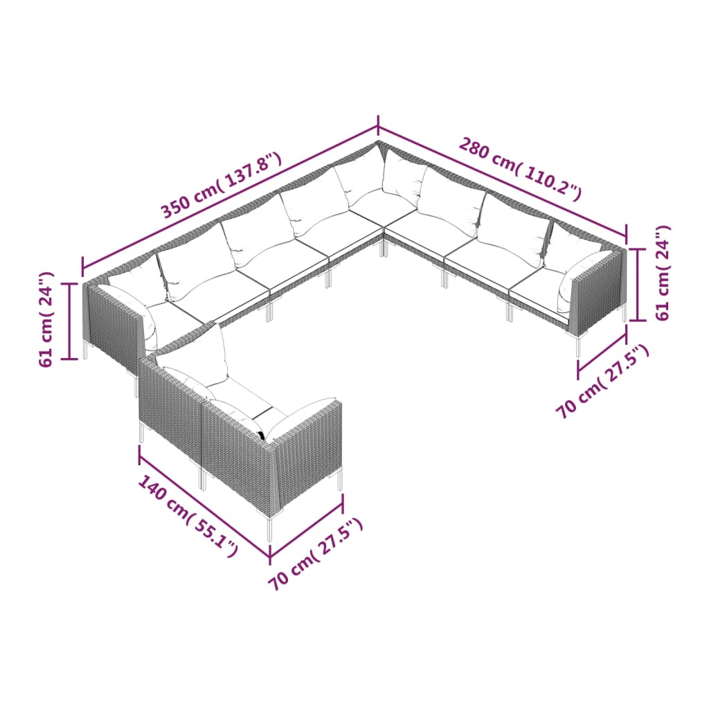 12-delige Loungeset met kussens poly rattan donkergrijs