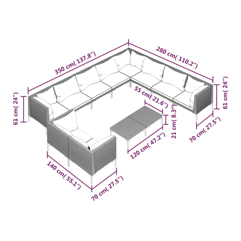 12-delige Loungeset met kussens poly rattan donkergrijs