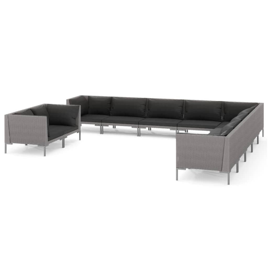 11-delige Loungeset met kussens poly rattan donkergrijs