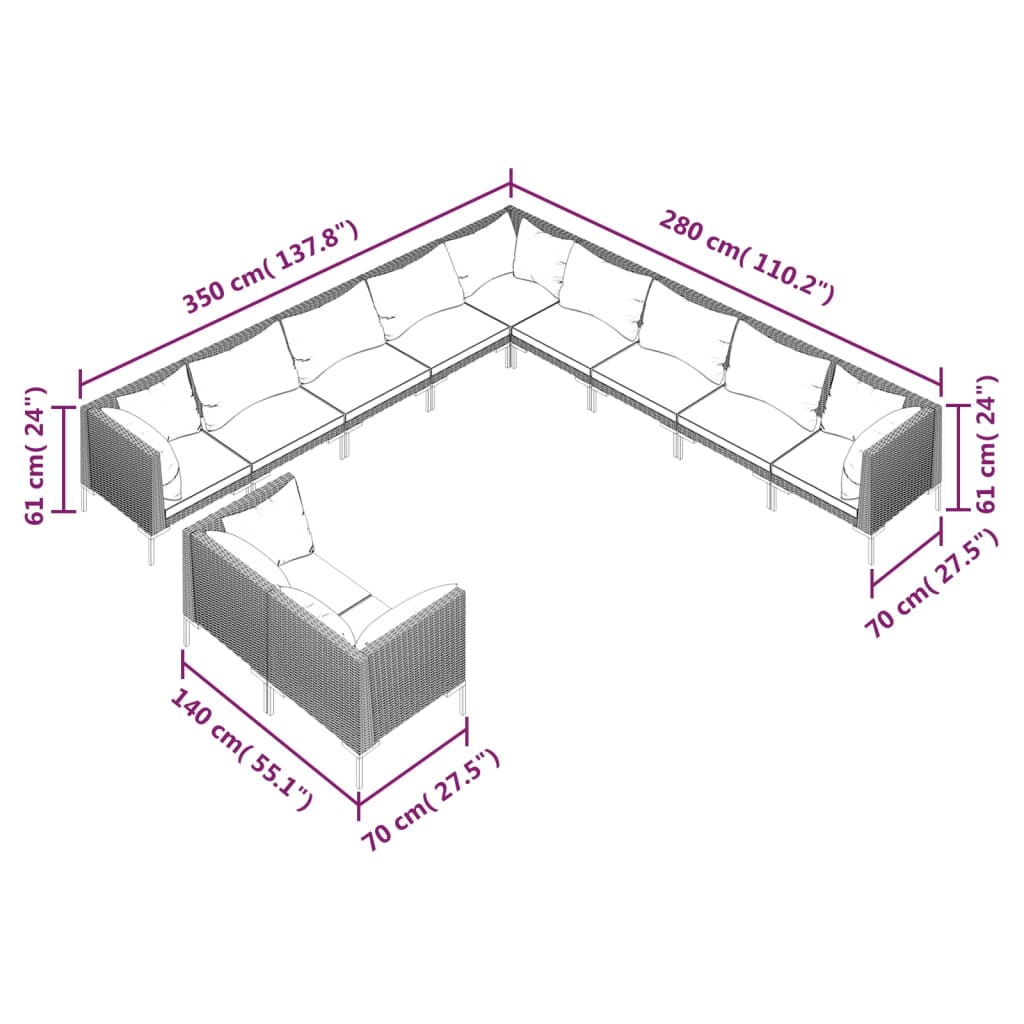 11-delige Loungeset met kussens poly rattan donkergrijs