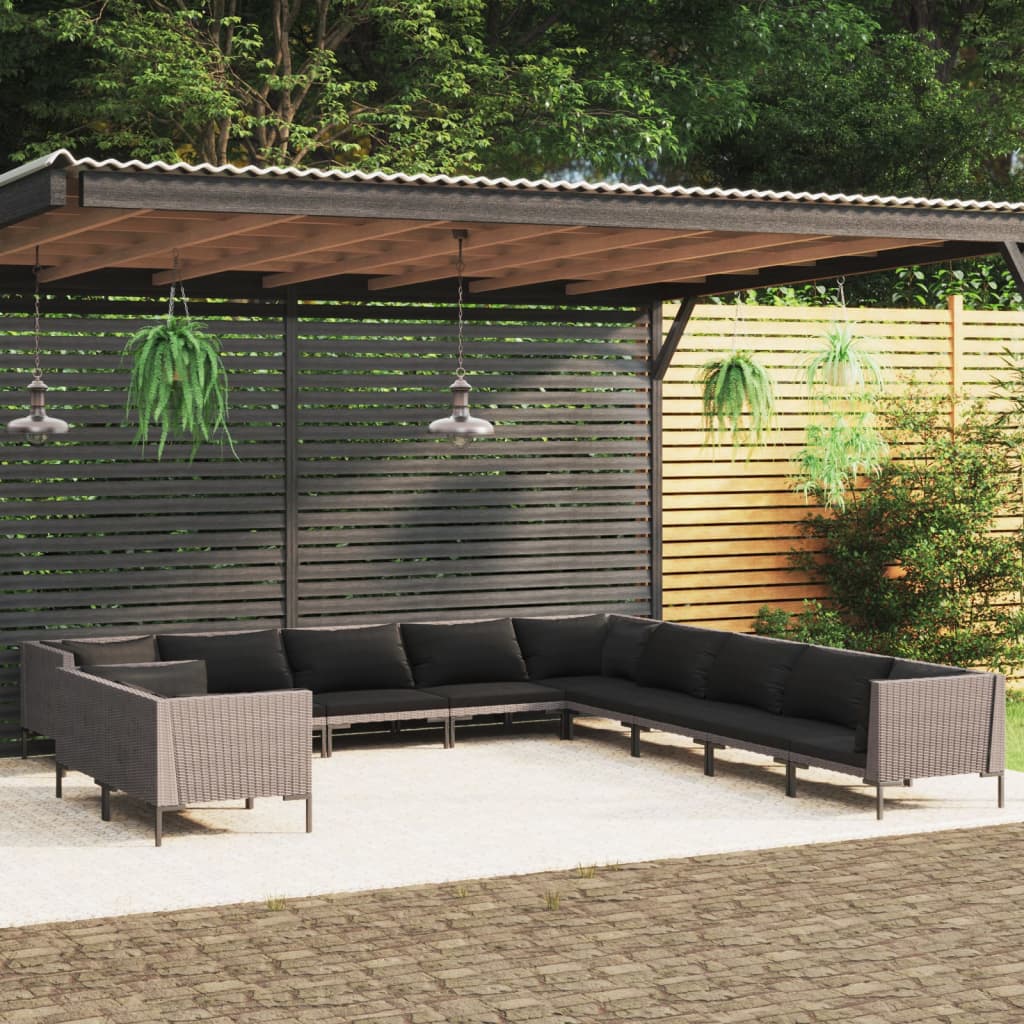 12-delige Loungeset met kussens poly rattan donkergrijs