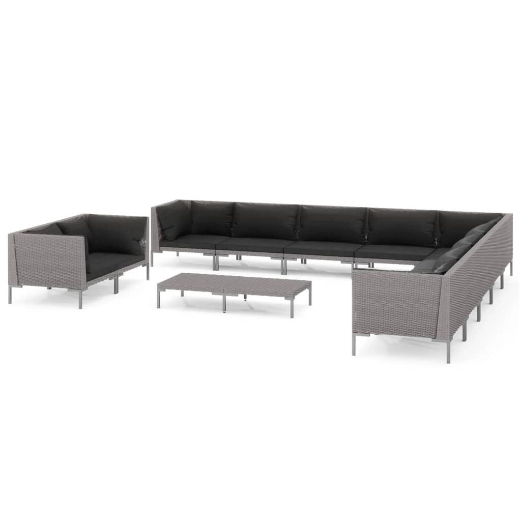 11-delige Loungeset met kussens poly rattan donkergrijs