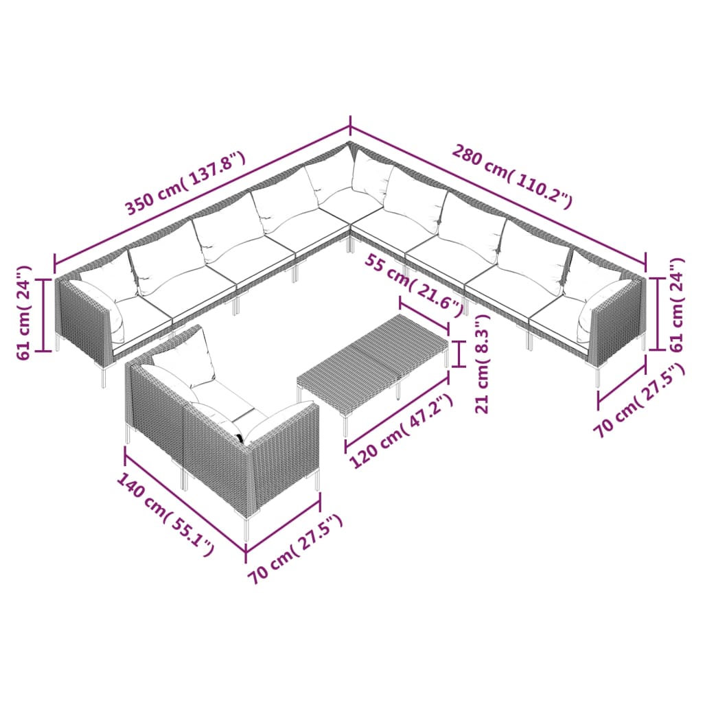 11-delige Loungeset met kussens poly rattan donkergrijs