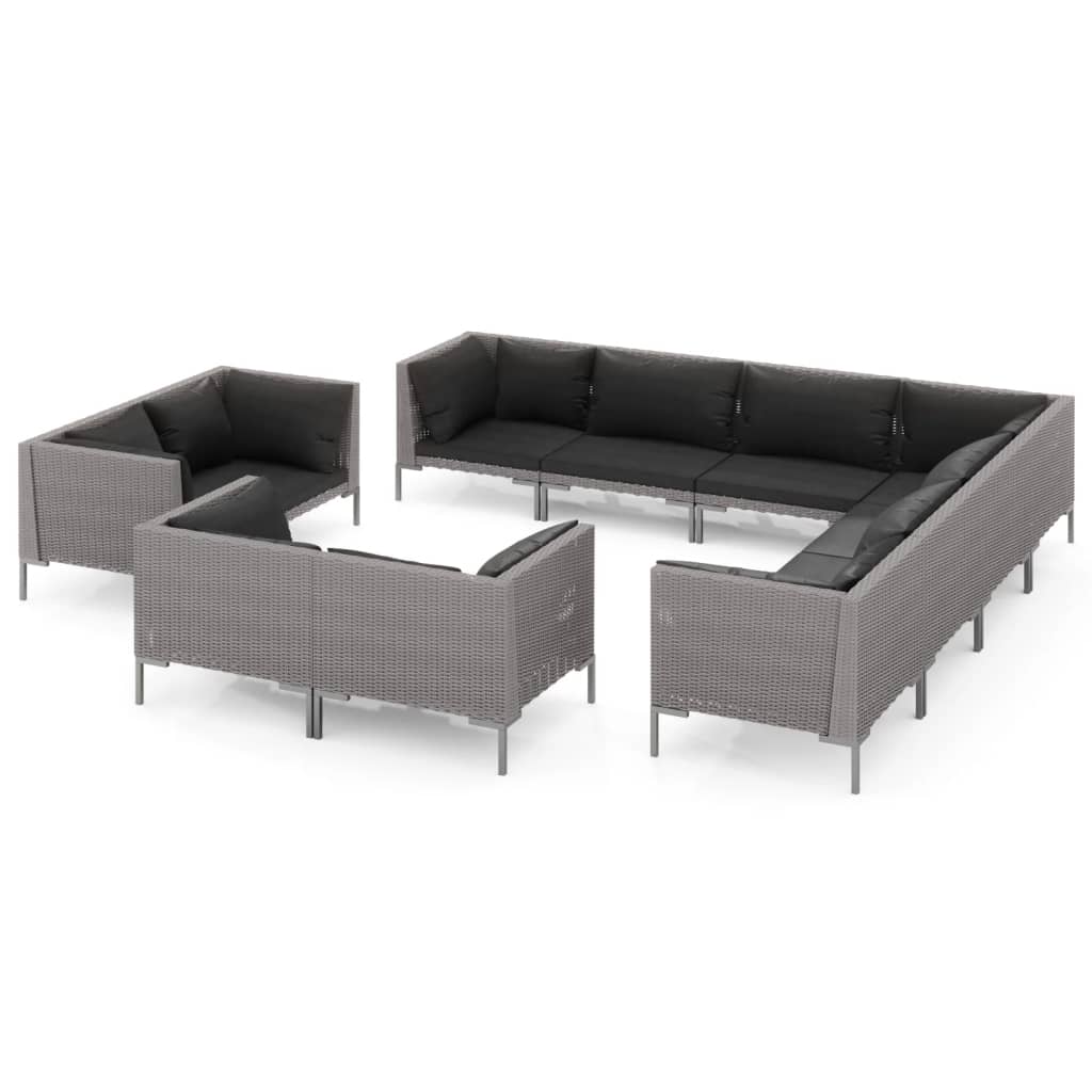 11-delige Loungeset met kussens poly rattan donkergrijs