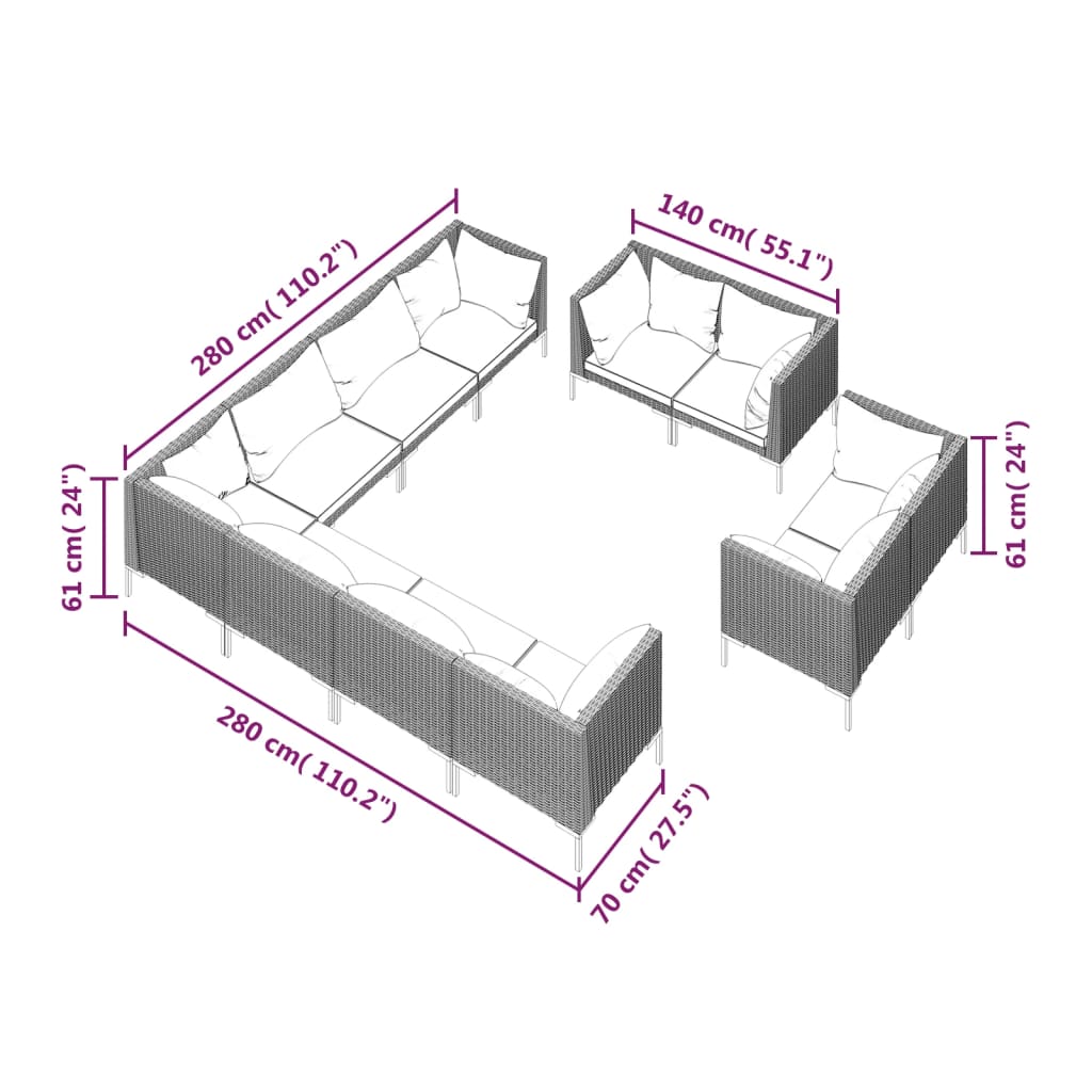 11-delige Loungeset met kussens poly rattan donkergrijs