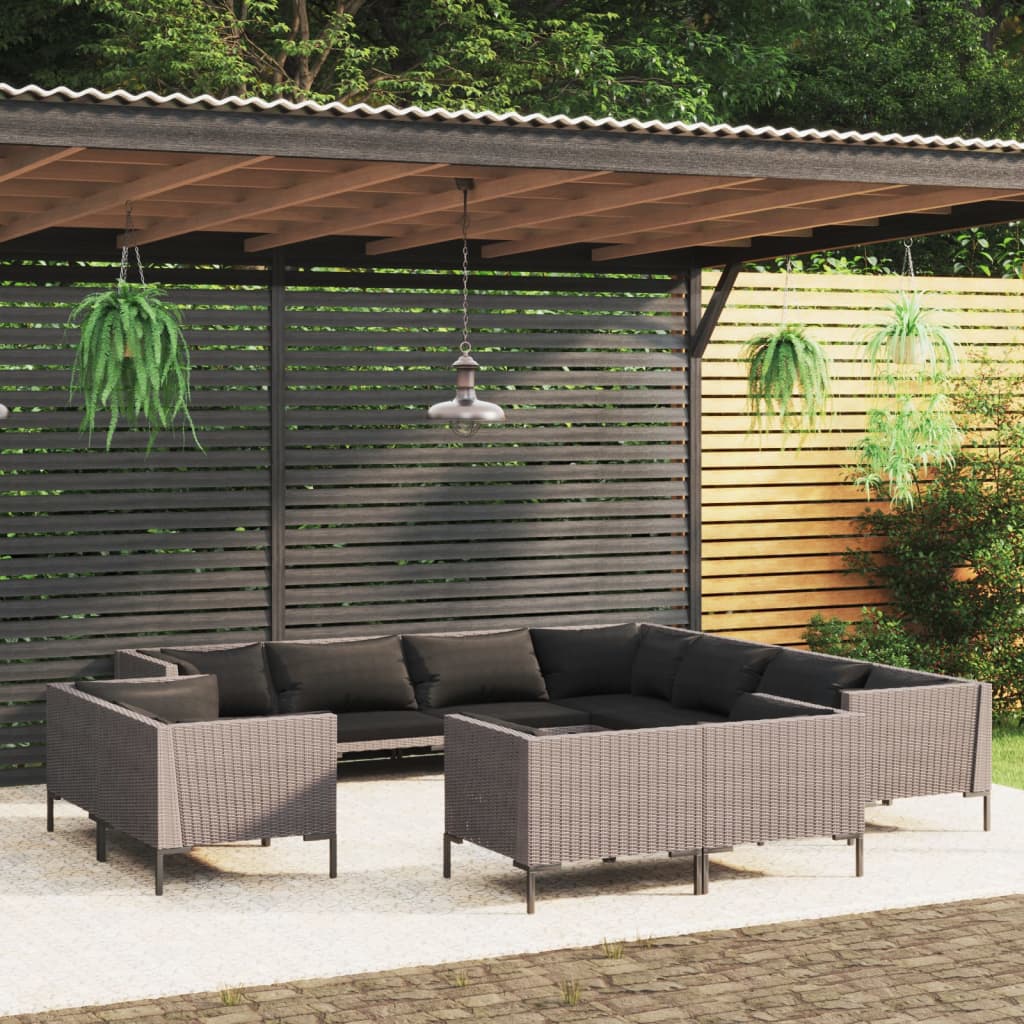 12-delige Loungeset met kussens poly rattan donkergrijs