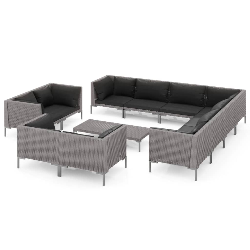 12-delige Loungeset met kussens poly rattan donkergrijs