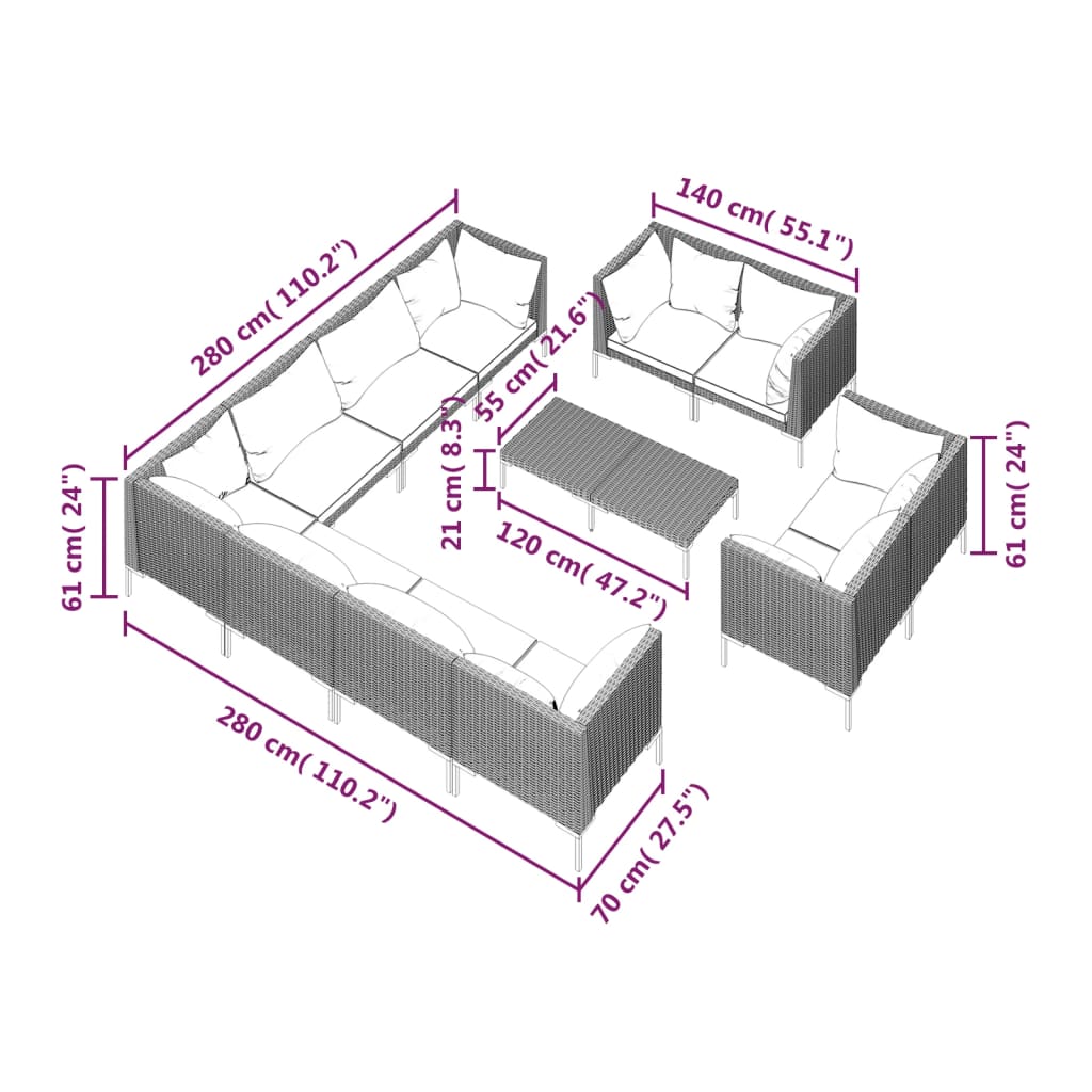 11-delige Loungeset met kussens poly rattan donkergrijs